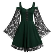Lolmot Women Lace Goth Dress Plus Size Gothic Bandage Dress Halloween Costumes Sexy Cold Shoulder Flare Sleeve Strappy Witch Vintage Steampunk Mini Dress